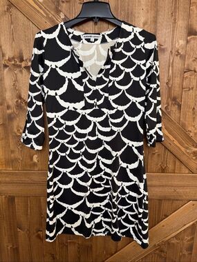 Barbara Gerwit Women’s Small Black White Geometric Print Dress 3/4 Sleeve (9359)